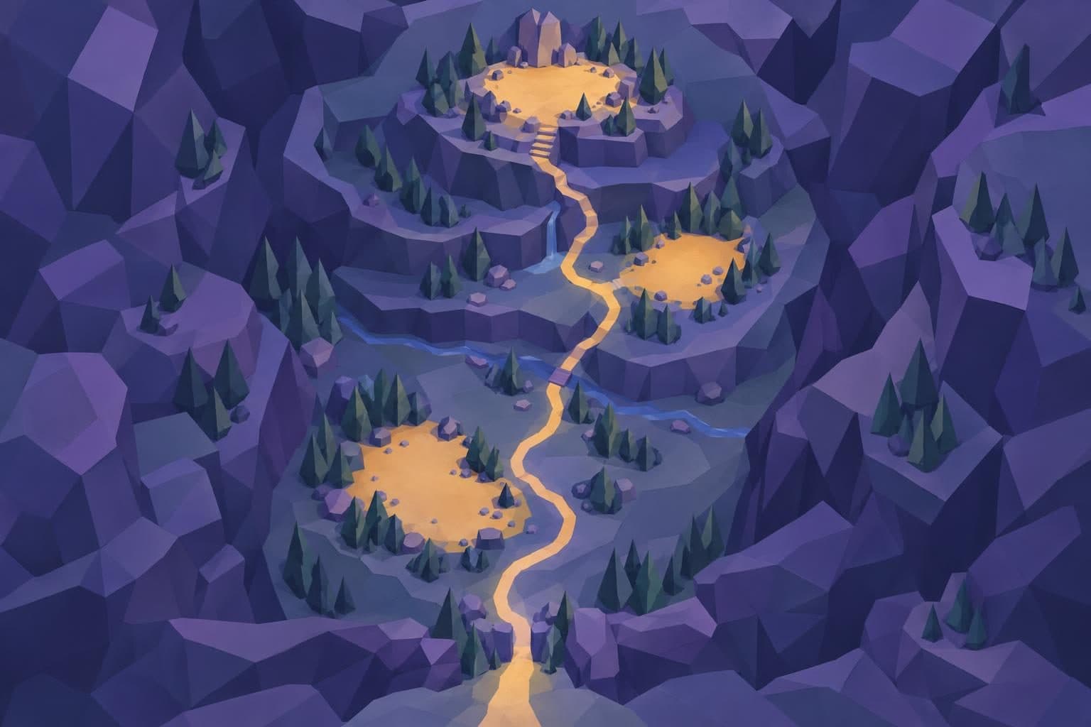 A stylized low-poly valley seen from directly above: a path threading between terraced shelves, linking three clearings